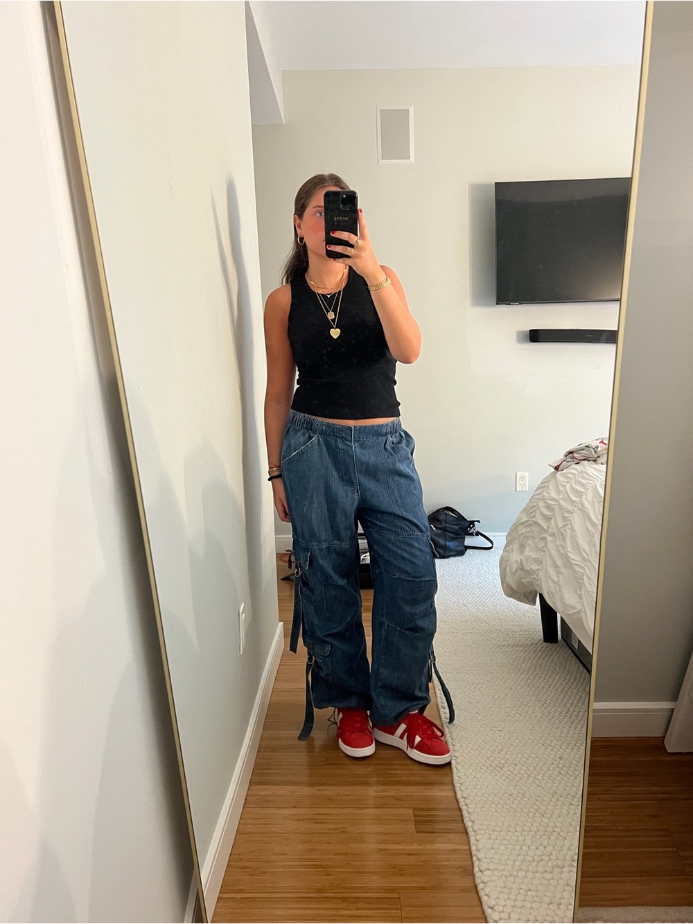 Garage Blue Wide-Leg Cargo Jeans with Strap Details